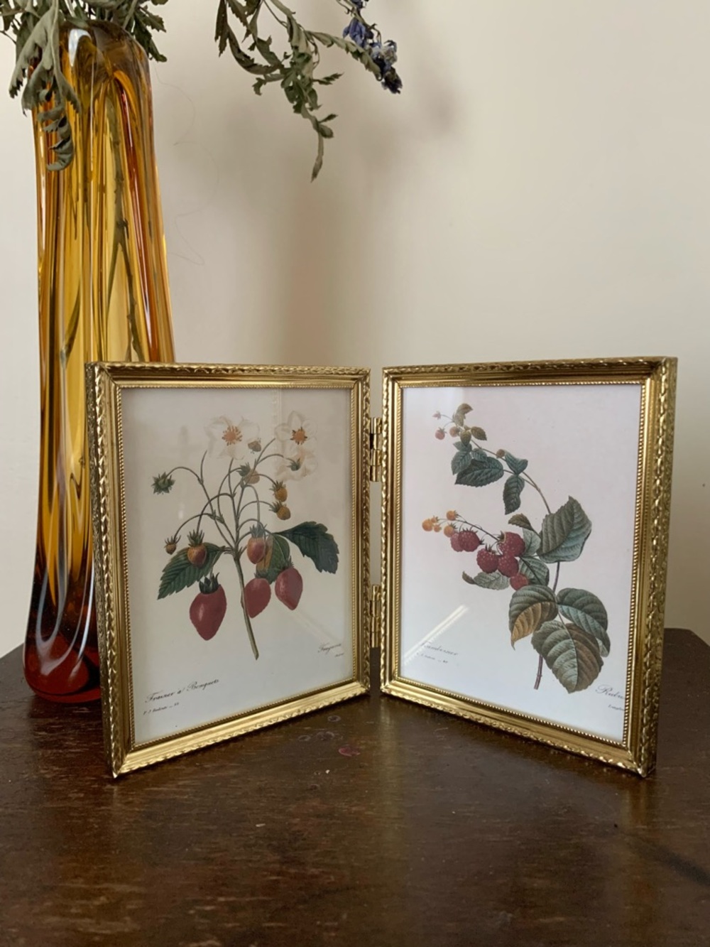 Vintage Brass Bifold Framed Strawberry Raspberry Decor 4”x5”